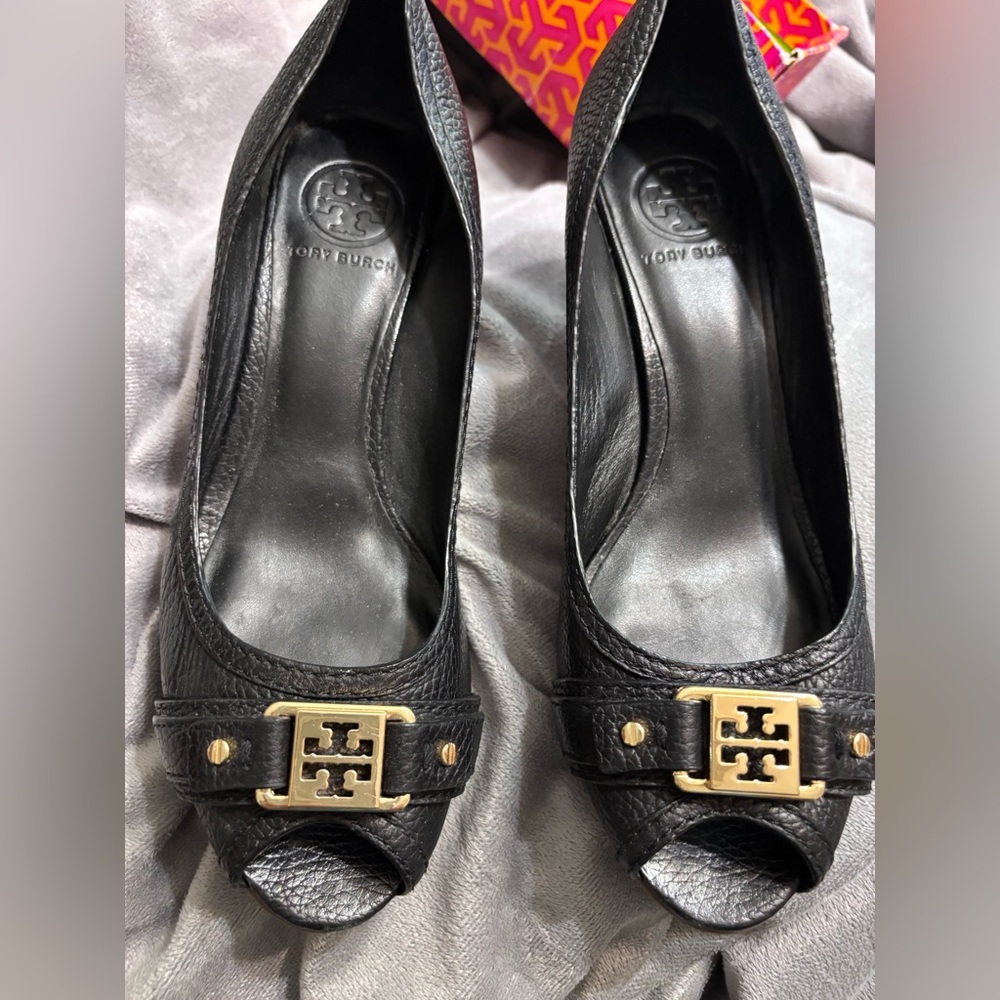 Tory Burch Black and Gold Peep Toe Heels